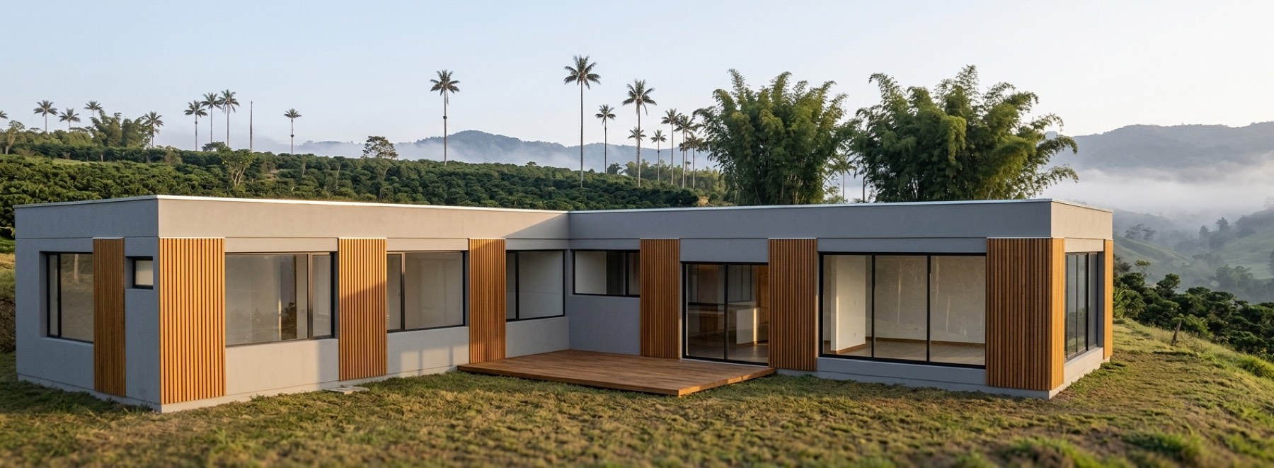 Casa modular campestre Kenalia en planta en L con deck de madera